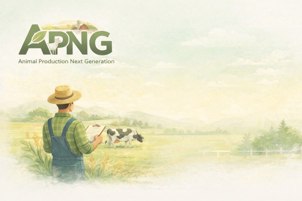 APNG farm illustration: farmer in a pasture with cattle and soft hills.